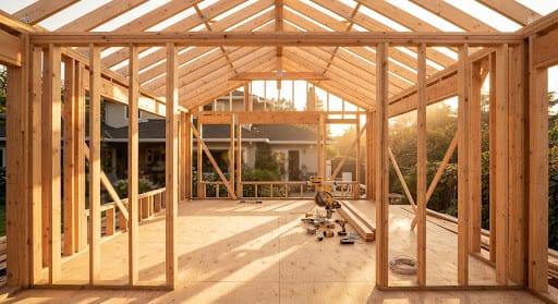 Home addition framing in golden light